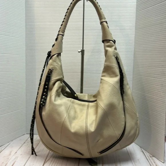 ORYANY Taupe Leather Hobo Shoulder Bag Braided Detail Zip Pocket Beige Leather Exterior orYANY Bags & Handbags for Women for  main image 3